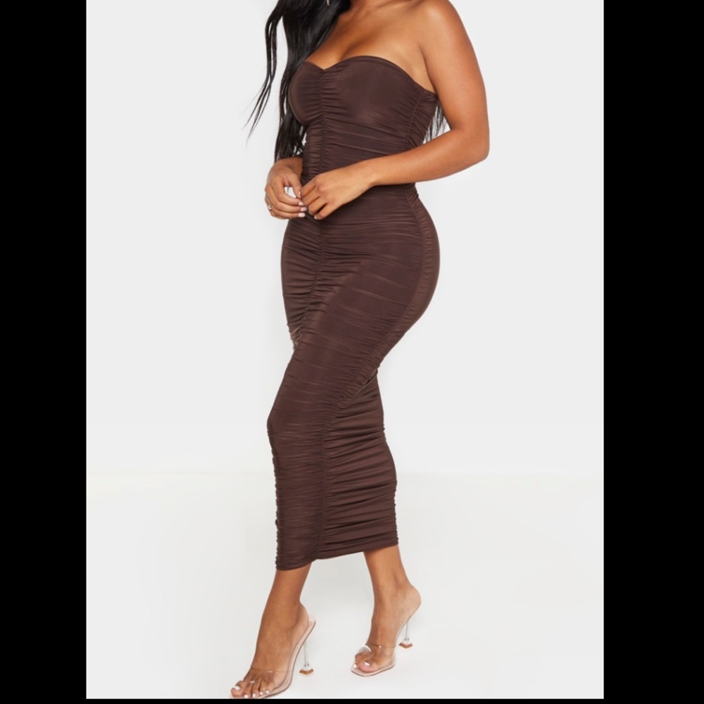 Chocolate Brown Bandeau Ruched Midaxi Dress